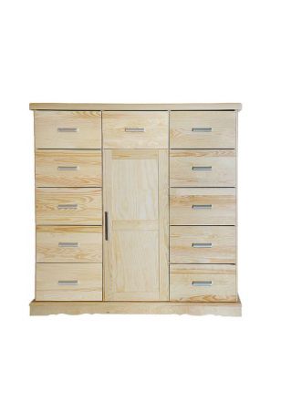 Storage Cabinet Buteo 04, 11 drawer, 1 door, solid pine wood, clearly varnished - H123 x W120 x D40 cm