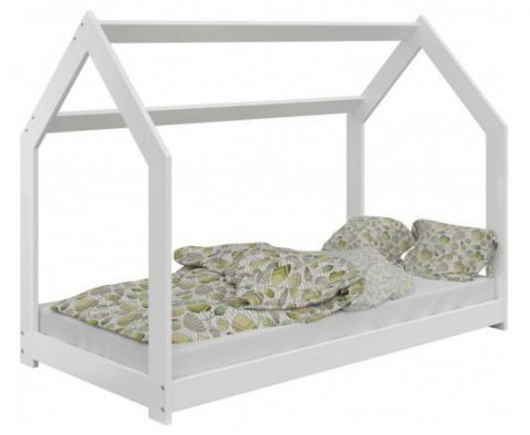 Children's bed / house bed solid pine wood White lacquered D2, incl. slatted frame - lying surface: 80 x 160 cm (w x l).