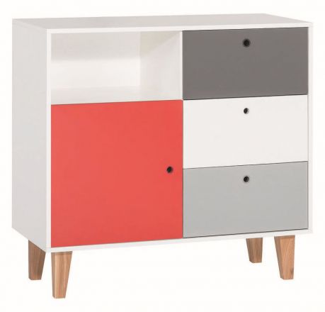 Children's room - Chest of drawers Syrina 08, Colour: White / Grey / Red - Measurements: 96 x 103 x 45 cm (h x w x d)