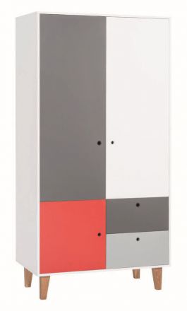 Children's room - Hinged door cabinet / Wardrobe Syrina 04, Colour: White / Grey / Red - Measurements: 202 x 104 x 55 cm (h x w x d)