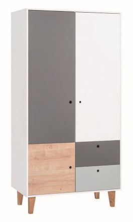 Children's room - Hinged door cabinet / Wardrobe Syrina 04, Colour: White / Grey / Oak - Measurements: 202 x 104 x 55 cm (h x w x d)