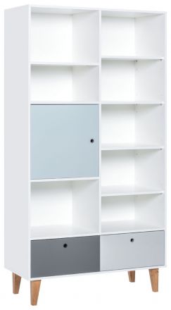 Children's room - shelf Syrina 15, Colour: White / Grey / Blue - Measurements: 202 x 105 x 45 cm (h x w x d)