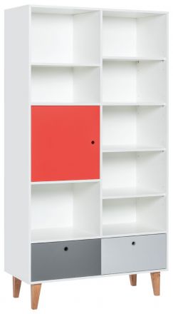 Children's room - Shelf Syrina 15, Colour: White / Grey / Red - Measurements: 202 x 105 x 45 cm (h x w x d)