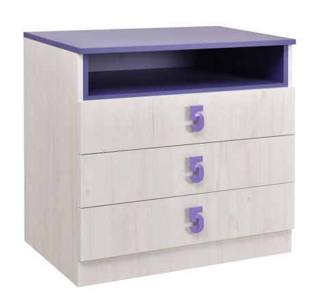 Children's room - Chest of drawers Luis 13, Colour: Oak White / Purple - 75 x 80 x 52 cm (h x w x d)