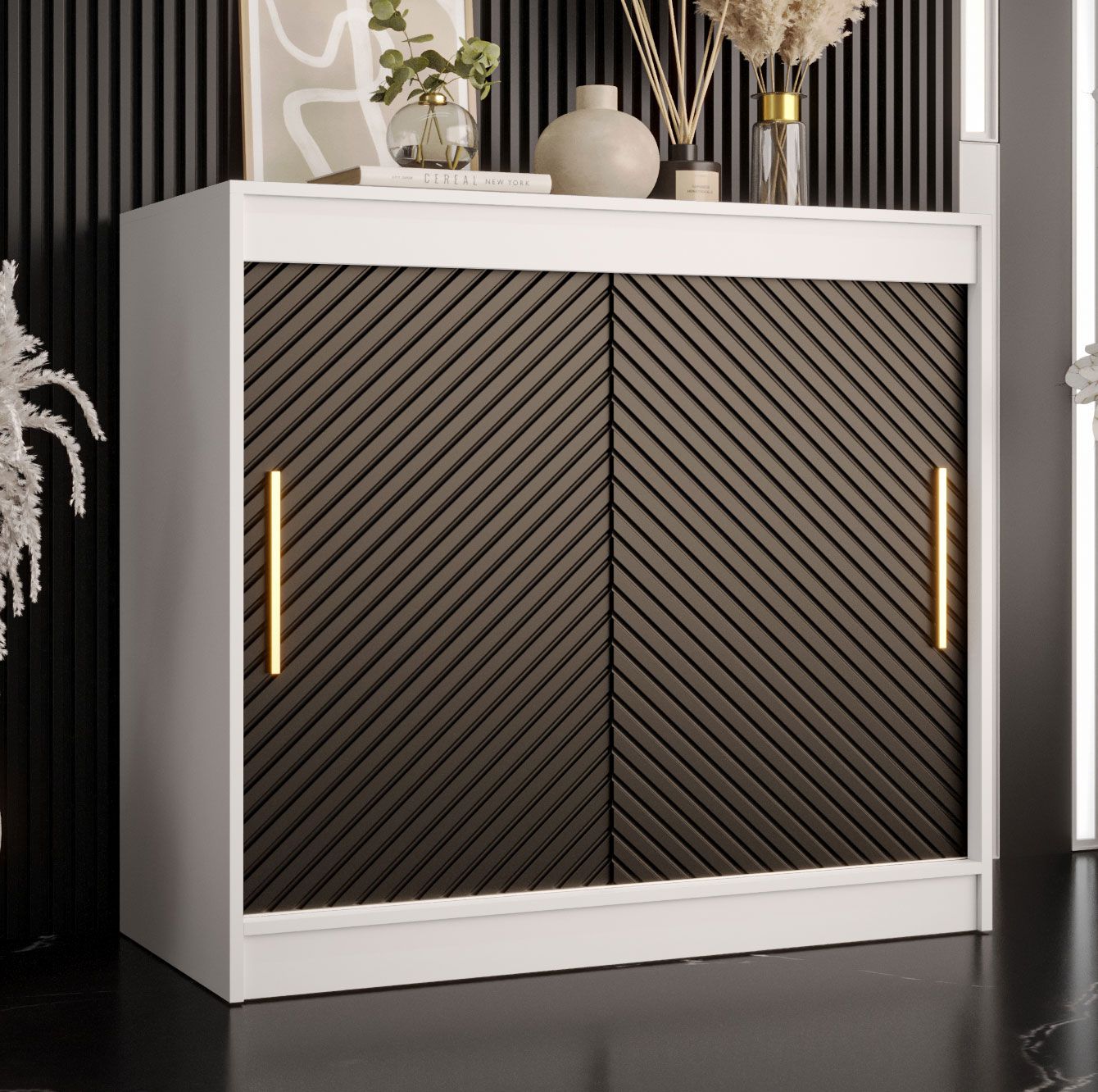 Neutral chest of drawers Balmenhorn 98, Colour: White matt / Black matt - Measurements: 100 x 100 x 45 cm (H x W x D), with one mirror door.