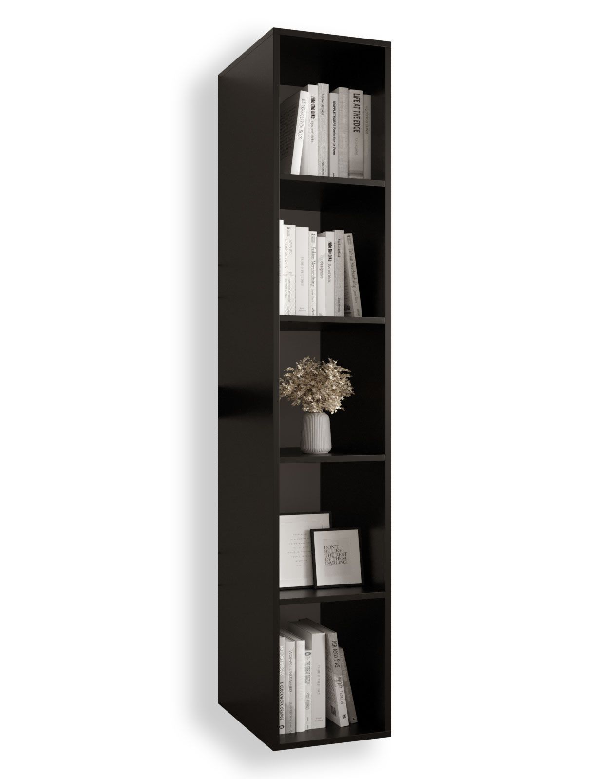 Bookcase with enough storage space Tödi 03, Colour: Black matt - Measurements: 184 x 30 x 42 cm (H x W x D), with five compartments.