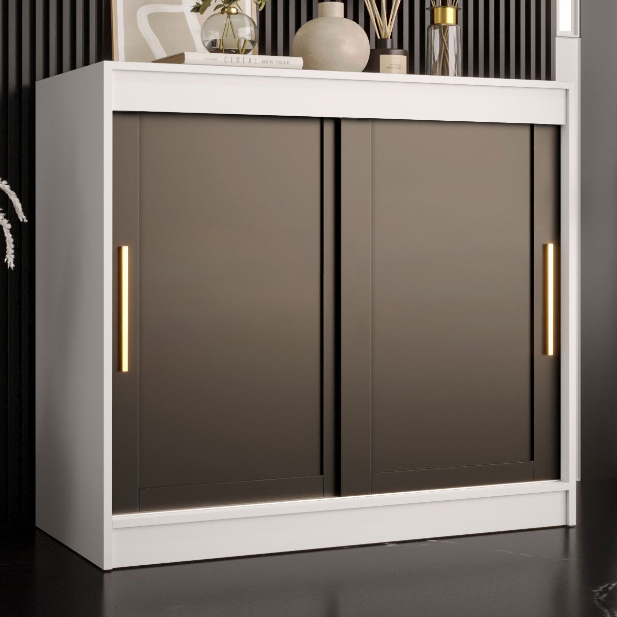 Simple chest of drawers with two sliding doors Liskamm 50, Colour: White matt / Black matt - Measurements: 100 x 100 x 45 cm (H x W x D), with four compartments.
