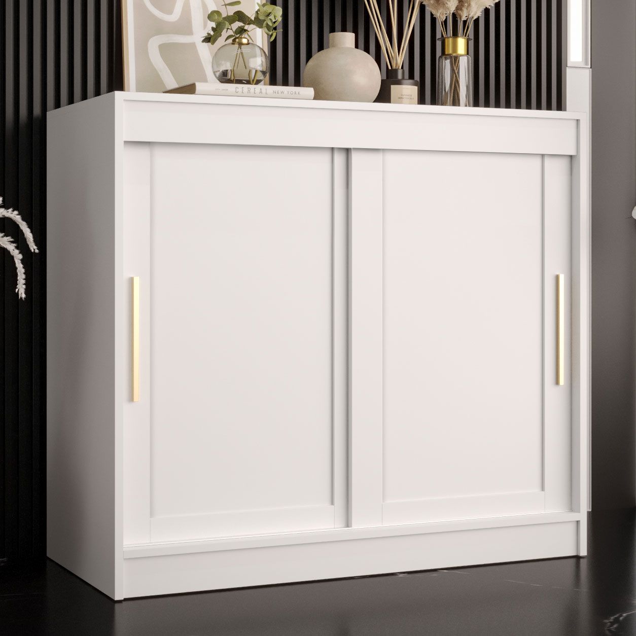 Stylish chest of drawers with four compartments Liskamm 49, Colour: White matt - Measurements: 100 x 100 x 45 cm (H x W x D), with simple design.