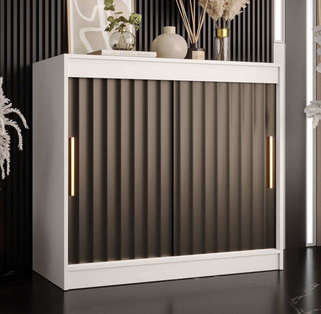 Chest of drawers with four compartments Balmenhorn 102, Colour: White matt / Black matt - Measurements: 100 x 100 x 45 cm (H x W x D), with two sliding doors.