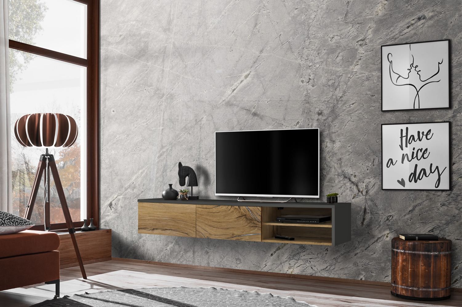 TV cabinet with three compartments Bjordal 16, color: oak Flagstaff / anthracite - Dimensions: 30 x 180 x 40 cm (H x W x D), with push-to-open function