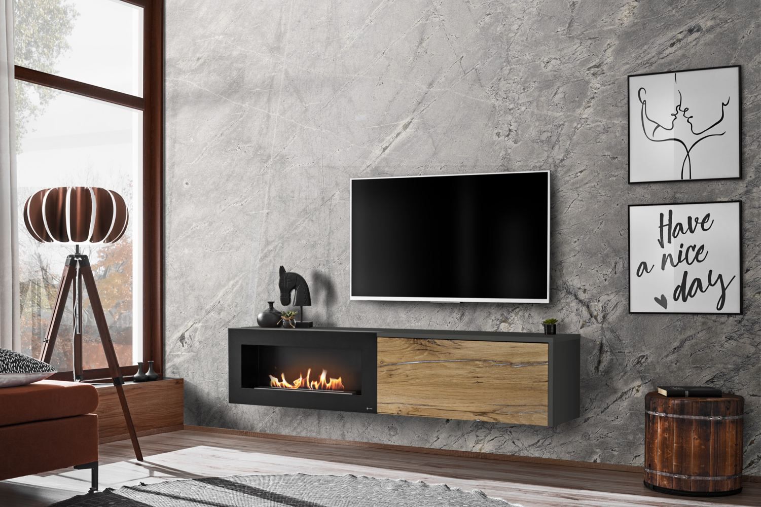 TV base cabinet Bjordal 18, Colour: Flagstaff oak / anthracite - measurements: 40 x 180 x 40 cm (H x W x D), with bio-ethanol fireplace.