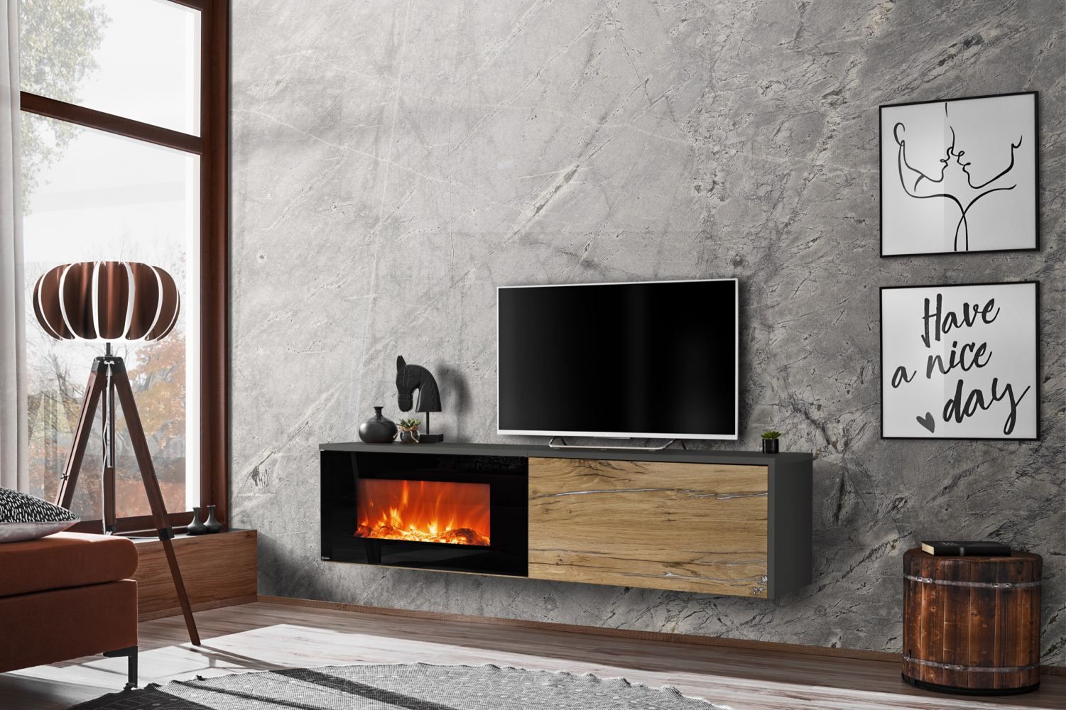 TV cabinet in modern style Bjordal 20, color: oak Flagstaff / anthracite - dimensions: 45 x 180 x 40 cm (H x W x D), with electric fireplace