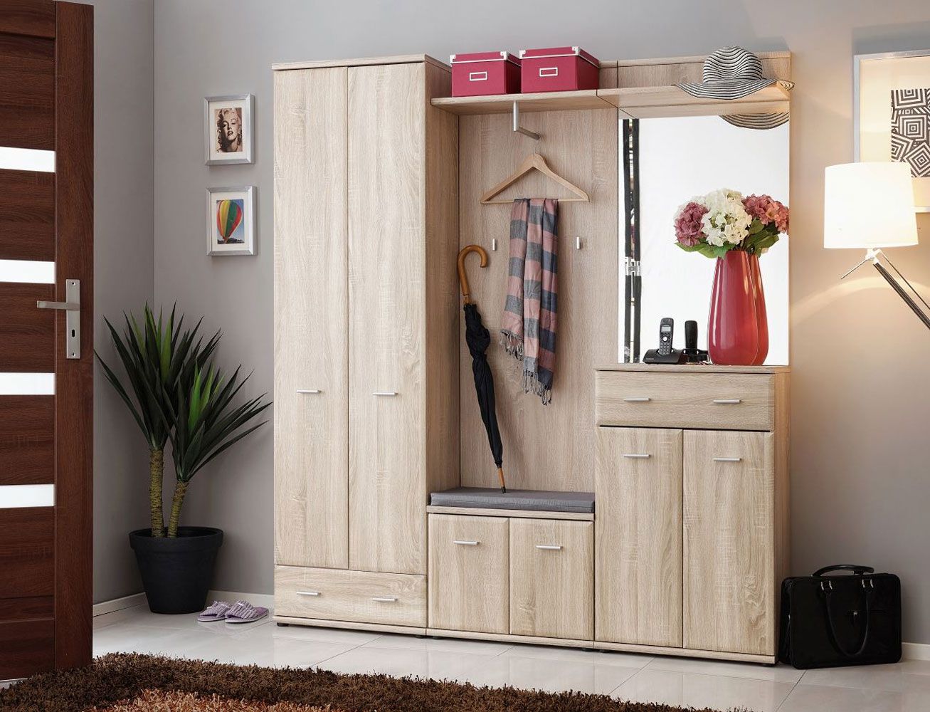Wardrobe with sufficient storage space Bratteli 06, color: oak Sonoma - Dimensions: 203 x 180 x 32 cm (H x W x D), with seat cushion