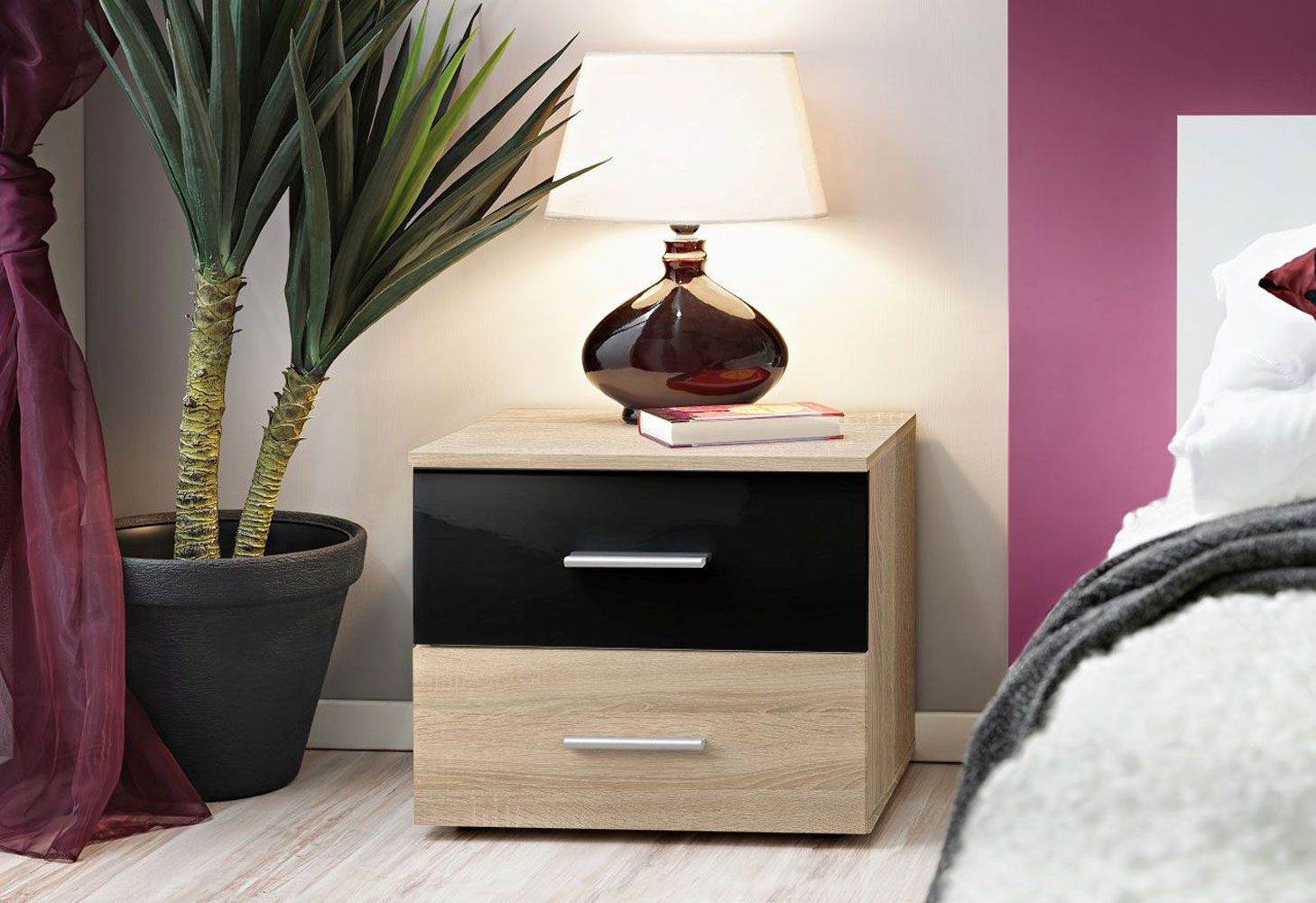 Bedside cabinet with two drawers Salmeli 31, Color: Oak Sonoma / Black - Dimensions: 40 x 50 x 40 cm (H x W x D)