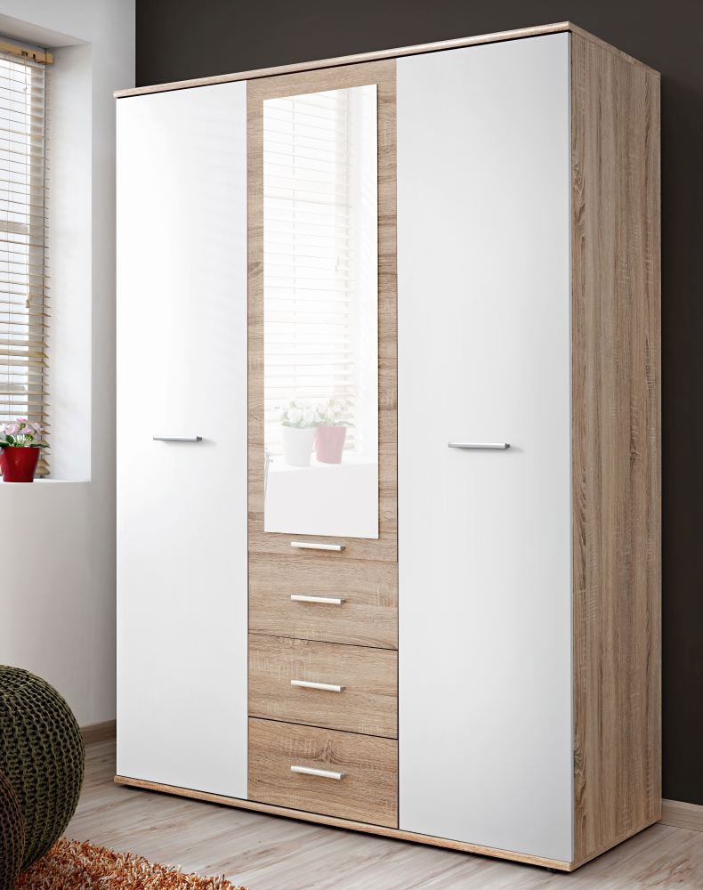 Closet with mirror Velle 07, Colour: Oak Sonoma / White - Measurements: 191 x 135 x 55 cm (H x W x D), with three drawers.