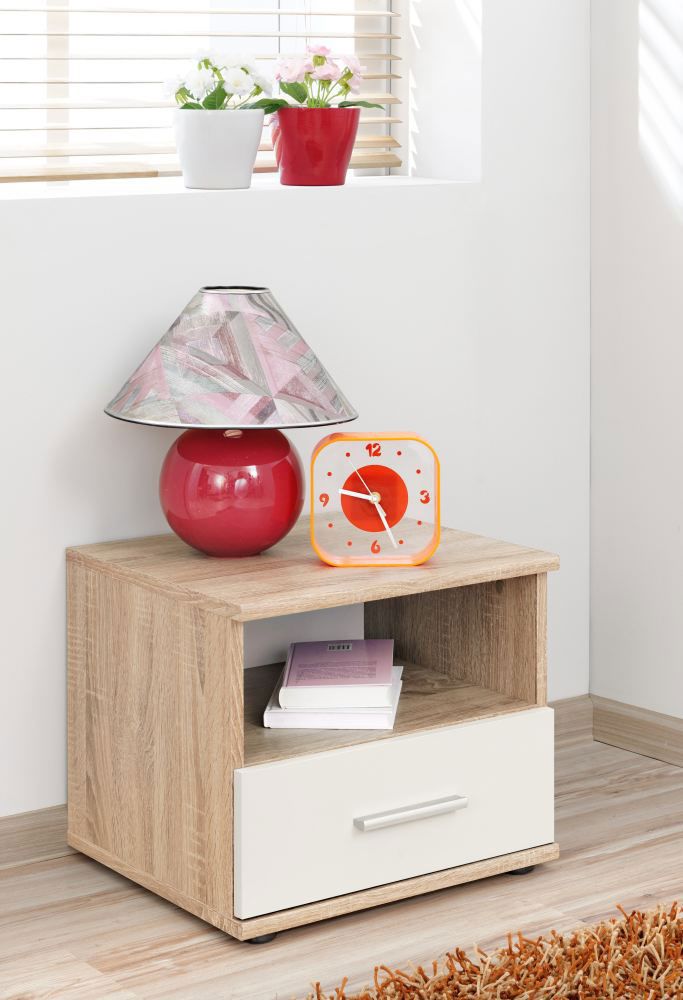 Bedside table with one drawer and one open compartment Velle 11, Colour: Sonoma Oak / White - Measurements: 38 x 45 x 40 cm (H x W x D)