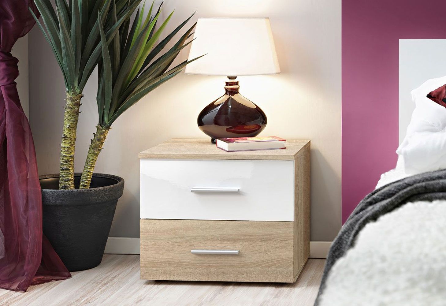 Salmeli 30 bedside cabinet, color: white / oak Sonoma - Dimensions: 40 x 50 x 40 cm (H x W x D), with two drawers
