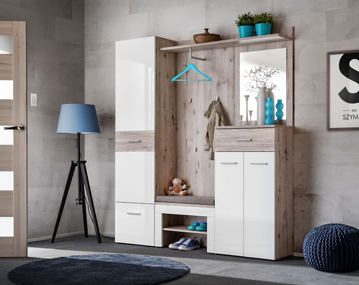 Wardrobe wall with bench Sviland 06, color: oak Wellington / white - dimensions: 200 x 170 x 35 cm (H x W x D), with seat cushion