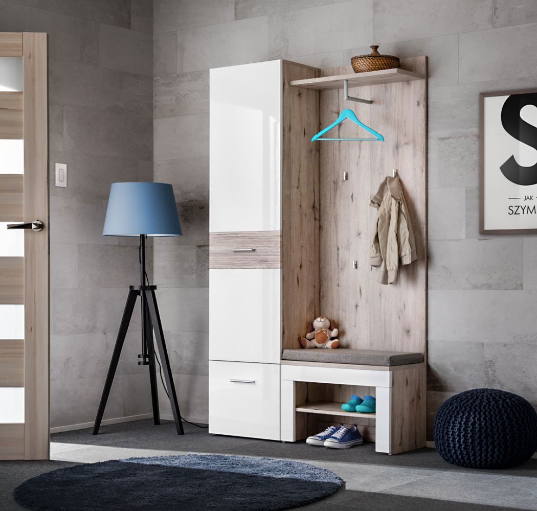 Wardrobe with seat cushion Sviland 10, color: oak Wellington / white - Dimensions: 200 x 110 x 35 cm (H x W x D), with sufficient storage space