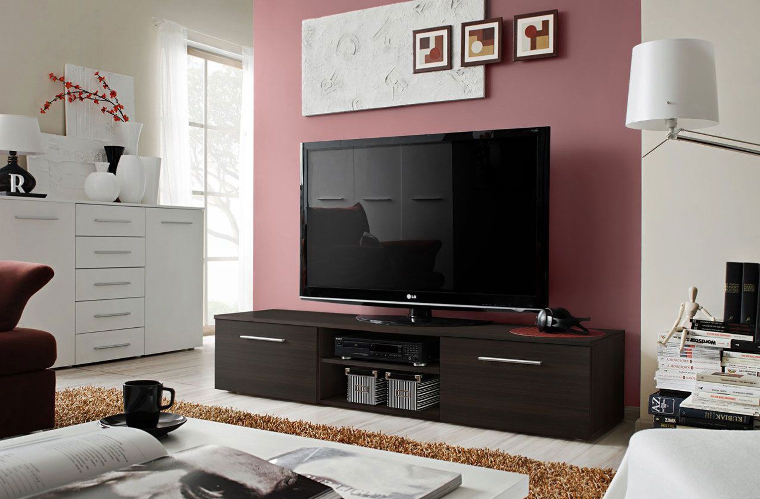 Simple TV cabinet Salmeli 21, color: black - Dimensions: 35 x 180 x 45 cm (H x W x D), with two doors