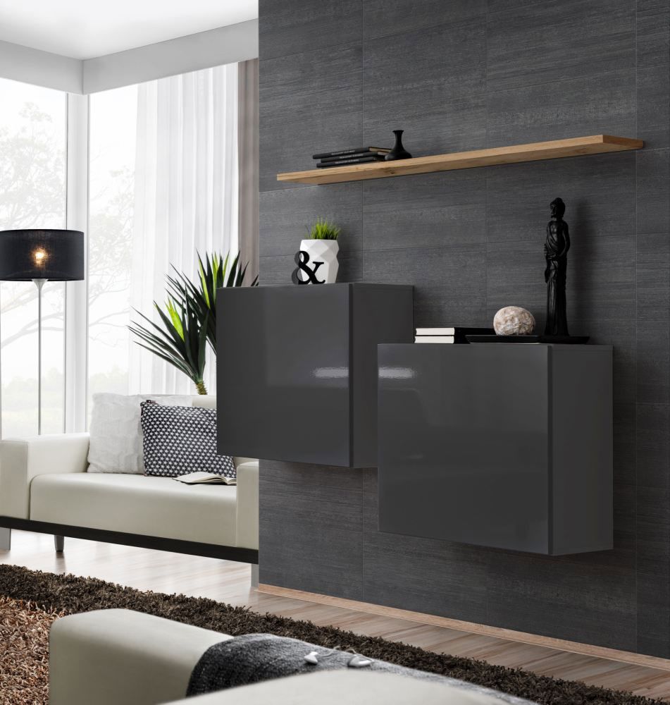 Two wall units with wall shelf Balestrand 336, color: grey / oak Wotan - dimensions: 110 x 130 x 30 cm (H x W x D), with push-to-open function