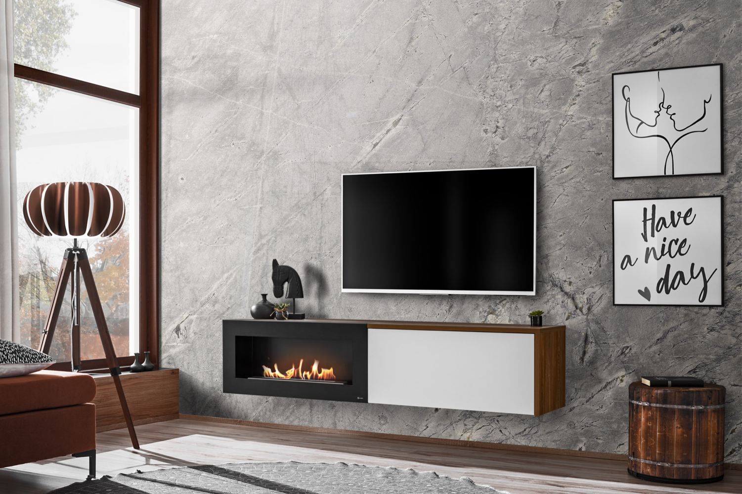 Elegant TV cabinet Bjordal 17, color: white matt / oak sterling - dimensions: 40 x 180 x 40 cm (H x W x D), with bio-ethanol fireplace