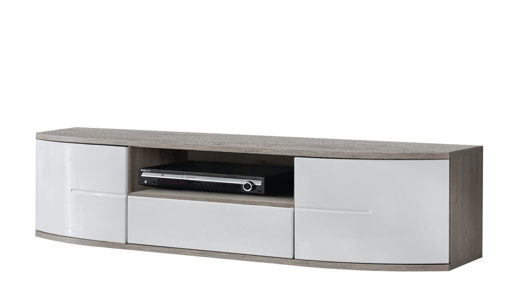 TV cabinet with three compartments Nese 05, color: white high gloss / oak San Remo - dimensions: 43 x 150 x 48 cm (H x W x D)