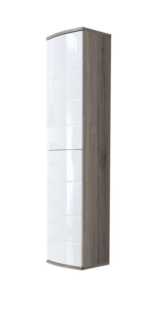 Large wardrobe Nese 03, color: white high gloss / oak San Remo - Dimensions: 184 x 50 x 35 cm (H x W x D), with push-to-open function