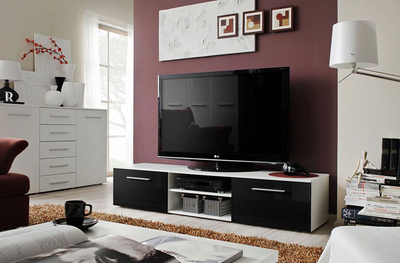Salmeli 23 TV cabinet, color: white / black - Dimensions: 35 x 180 x 45 cm (H x W x D), with four compartments