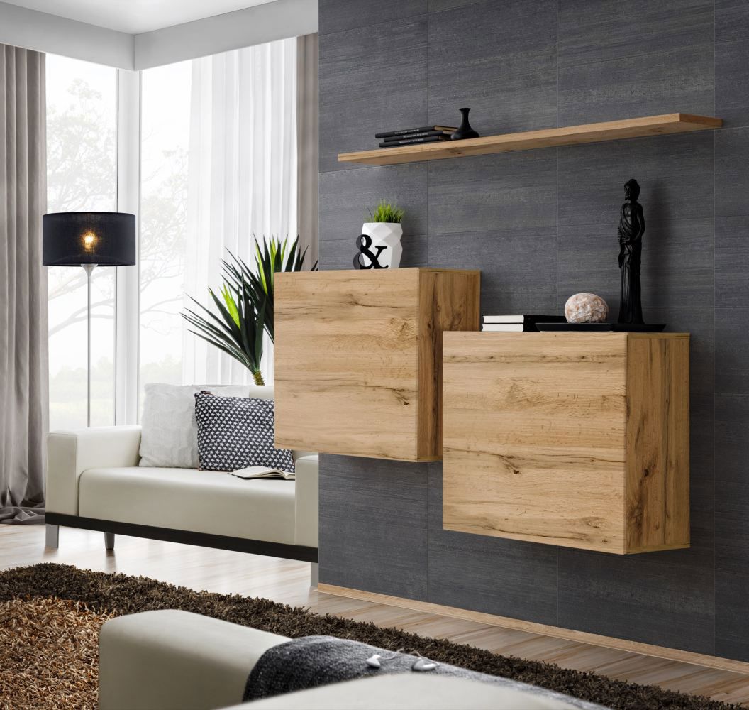 Set of 2 modern wall units with wall shelf Balestrand 324, color: oak Wotan - Dimensions: 110 x 130 x 30 cm (H x W x D), with four compartments