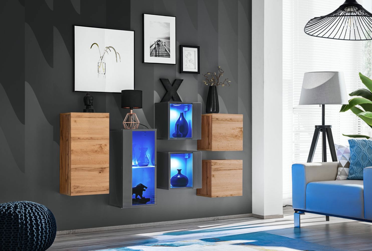 Modern set of wall cabinets / wall cabinets Volleberg 111, color: oak Wotan / grey - dimensions: 80 x 150 x 25 cm (H x W x D), with blue LED lighting