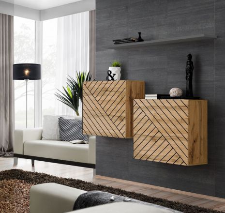 Set of 2 wall cabinets Kongsvinger 119, color: oak Wotan / grey high gloss - Dimensions: 110 x 130 x 30 cm (H x W x D), with push-to-open function