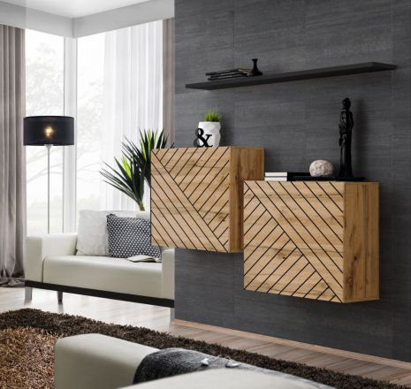 Two wall cabinets with sufficient storage space Kongsvinger 118, color: oak Wotan / black high gloss - dimensions: 110 x 130 x 30 cm (H x W x D)
