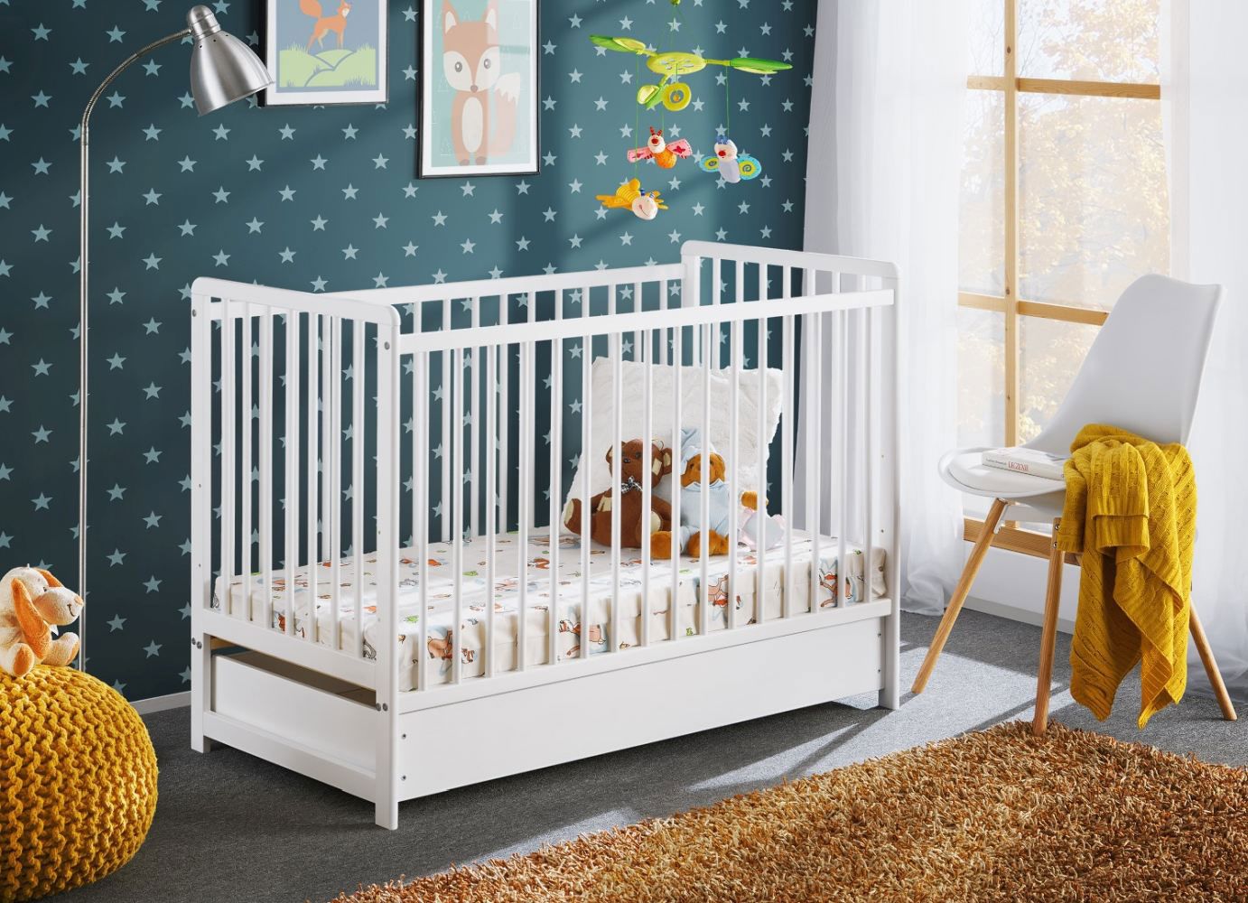 Crib / crib, solid pine, Avaldsnes 03, color: white - Dimensions: 89 x 124 x 65 cm (H x W x D), with one drawer