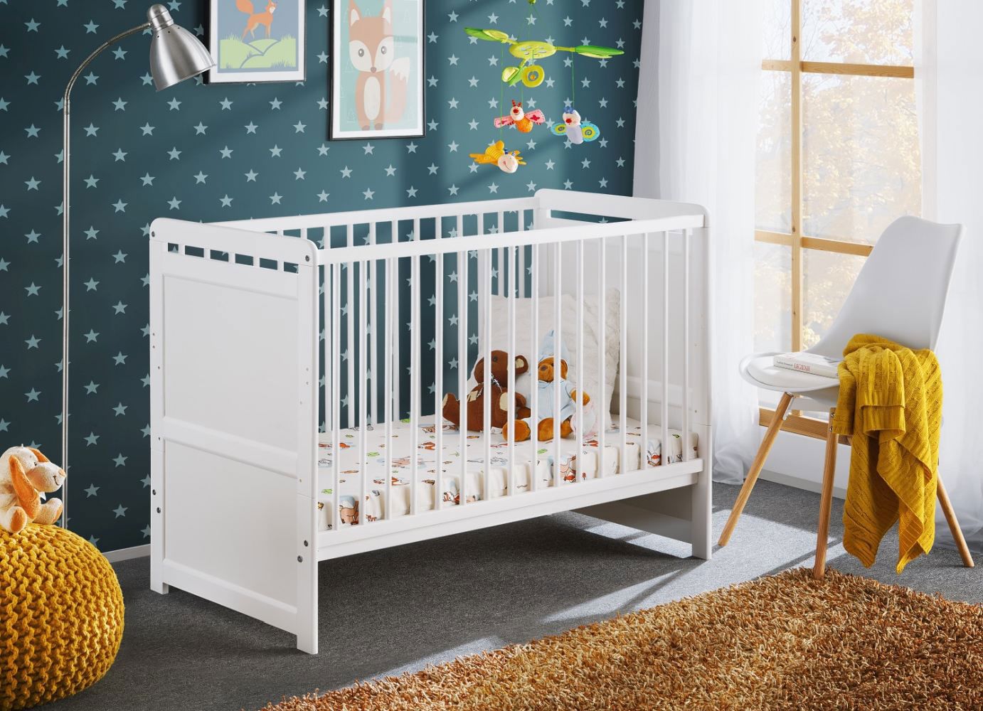 Crib / crib with one mattress Avaldsnes 10, color: white - Dimensions: 90 x 124 x 67 cm (H x W x D)