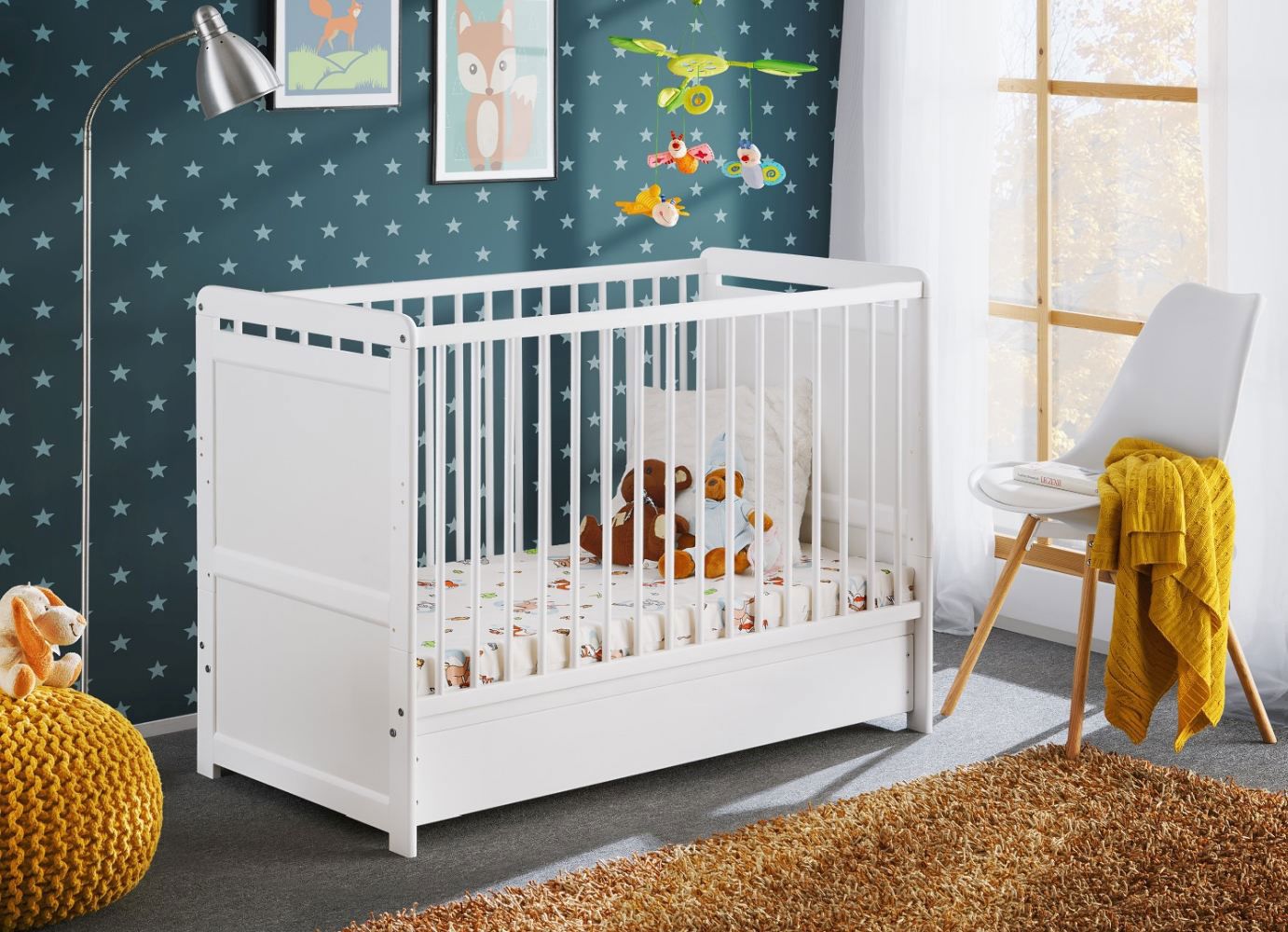 Baby crib / crib made of real pine wood Avaldsnes 12, color: white - Dimensions: 90 x 124 x 67 cm (H x W x D), with one drawer