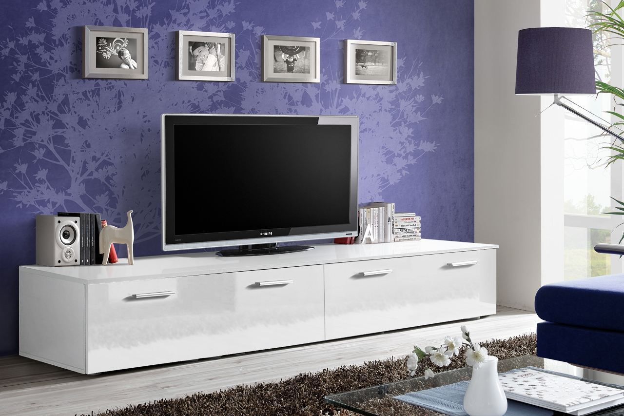 TV cabinet with modern design Bjordal 61, color: white high gloss - Dimensions: 35 x 200 x 45 cm (H x W x D), with two doors