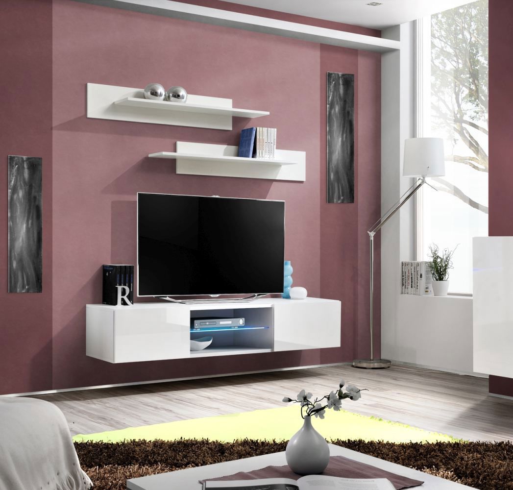 Hanging TV cabinet Raudberg 06, color: white - Dimensions: 30 x 160 x 40 cm (H x W x D), incl. blue LED lighting