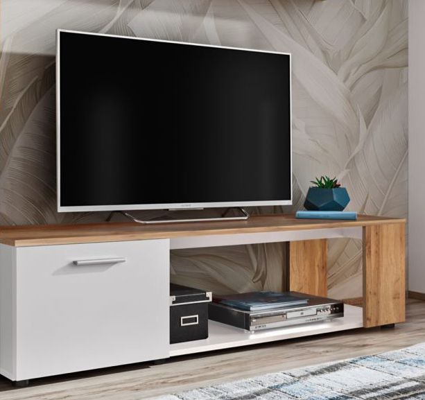 Modern TV cabinet Bjordal 06, color: white matt / oak Wotan - dimensions: 39 x 150 x 40 cm (H x W x D), with sufficient storage space