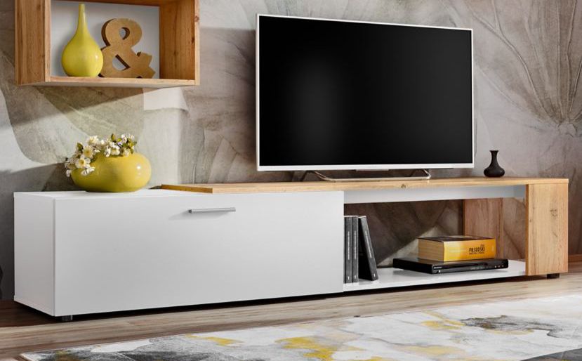 Simple TV cabinet with two compartments Bjordal 08, color: white matt / oak Wotan - dimensions: 39 x 200 x 40 cm (H x W x D)