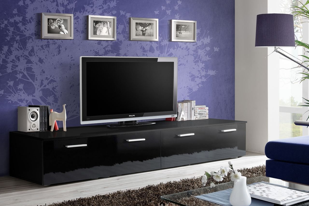 Simple TV cabinet with four compartments Bjordal 63, color: black high gloss - Dimensions: 35 x 200 x 45 cm (H x W x D)