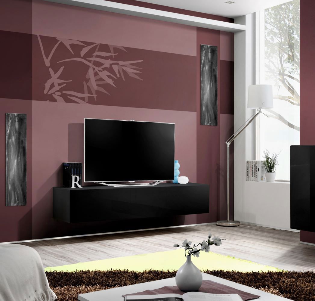 Hanging TV lowboard Raudberg 04, color: black - Dimensions: 30 x 160 x 40 cm (H x W x D), with three compartments