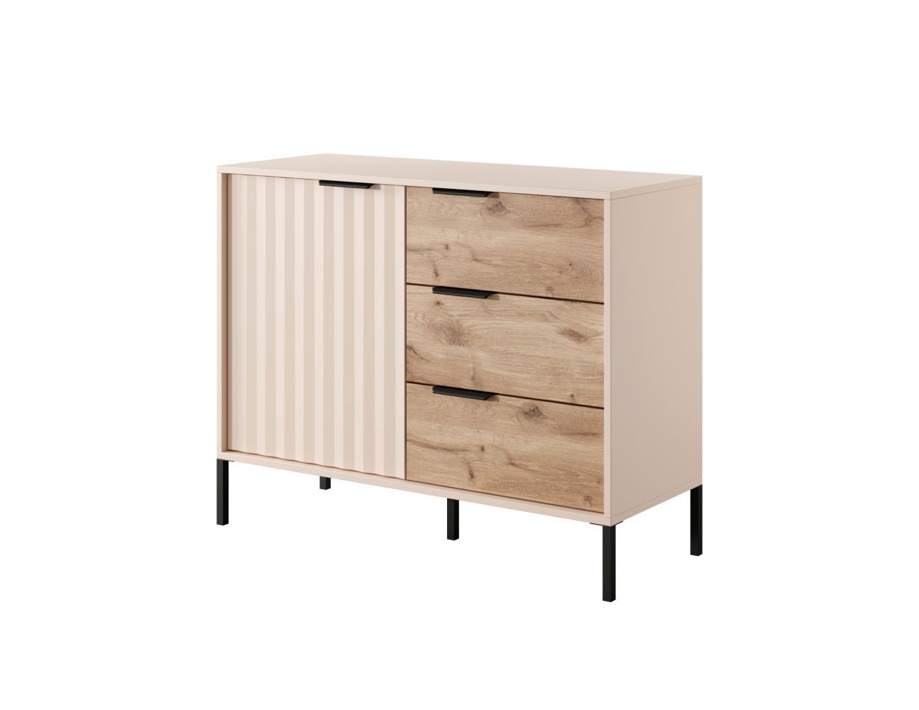Narrow chest of drawers Fouchana 04, color: Beige / Oak Viking - Dimensions: 81 x 103 x 39.5 cm (H x W x D), with three drawers