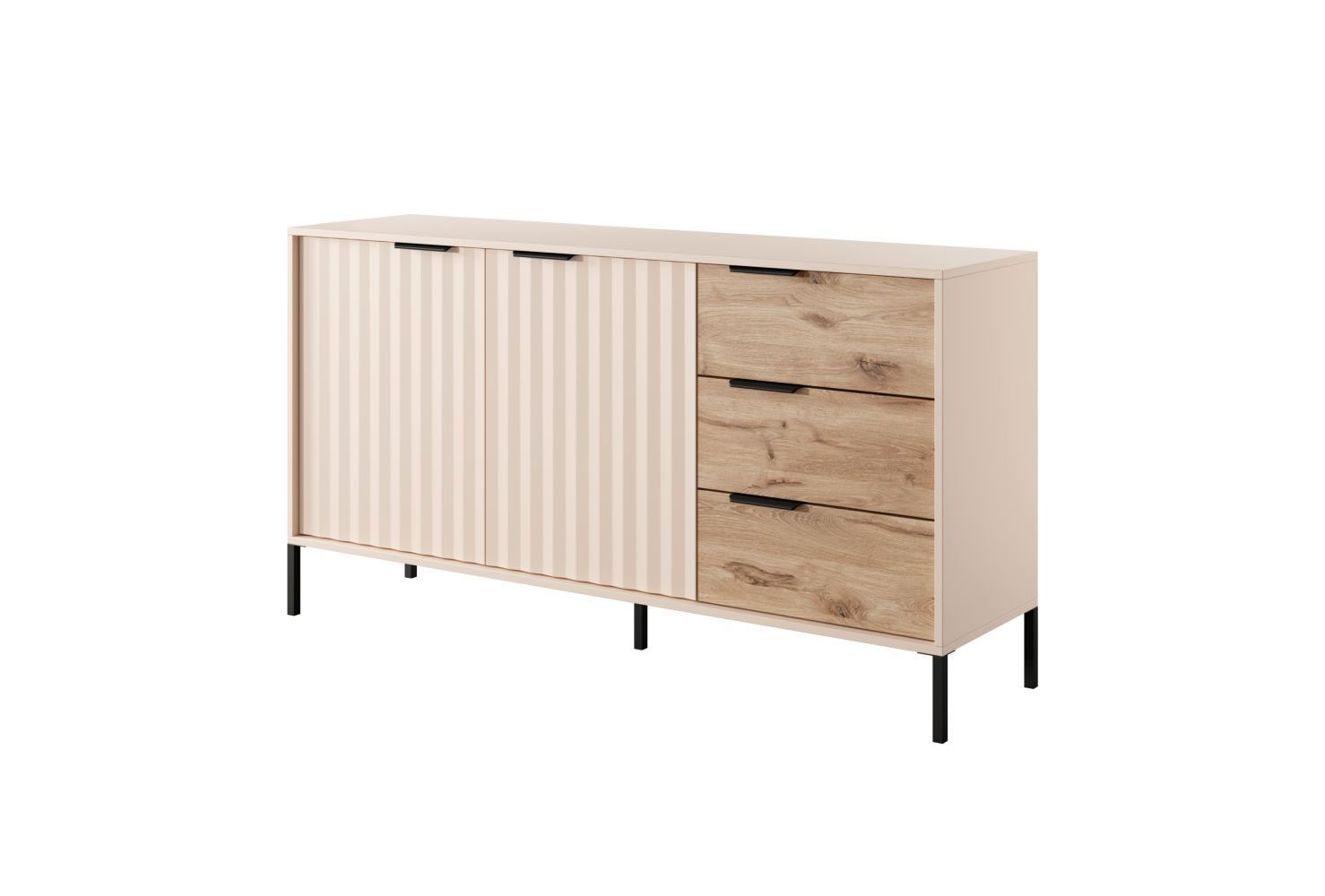 Sideboard with modern design Fouchana 02, color: Beige / Viking oak - Dimensions: 81 x 153 x 39.5 cm (H x W x D), with three drawers