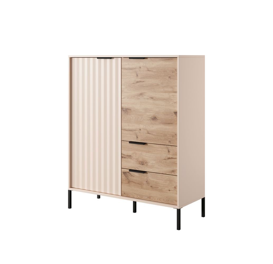 Light chest of drawers with five compartments Fouchana 01, color: Beige / Viking oak - Dimensions: 123 x 103 x 39.5 cm (H x W x D)