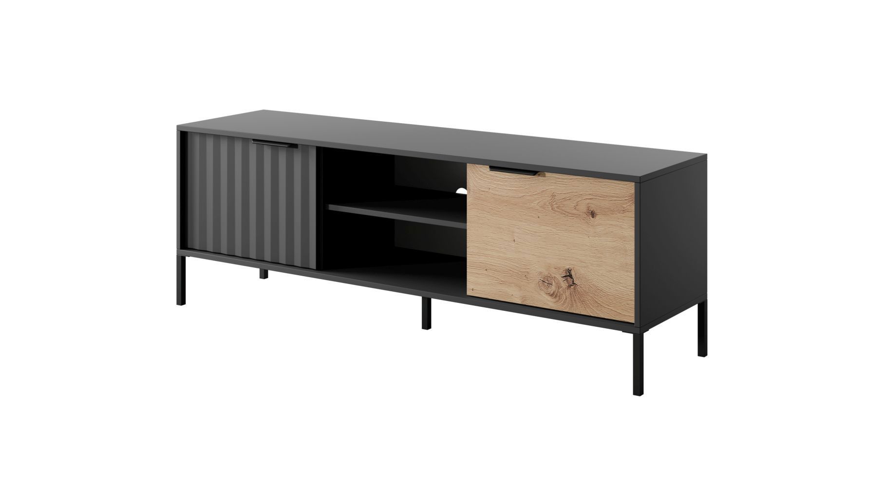 TV cabinet with four compartments and soft-close system Fouchana 13, color: black / oak Artisan - Dimensions: 53 x 153 x 39.5 cm (H x W x D)