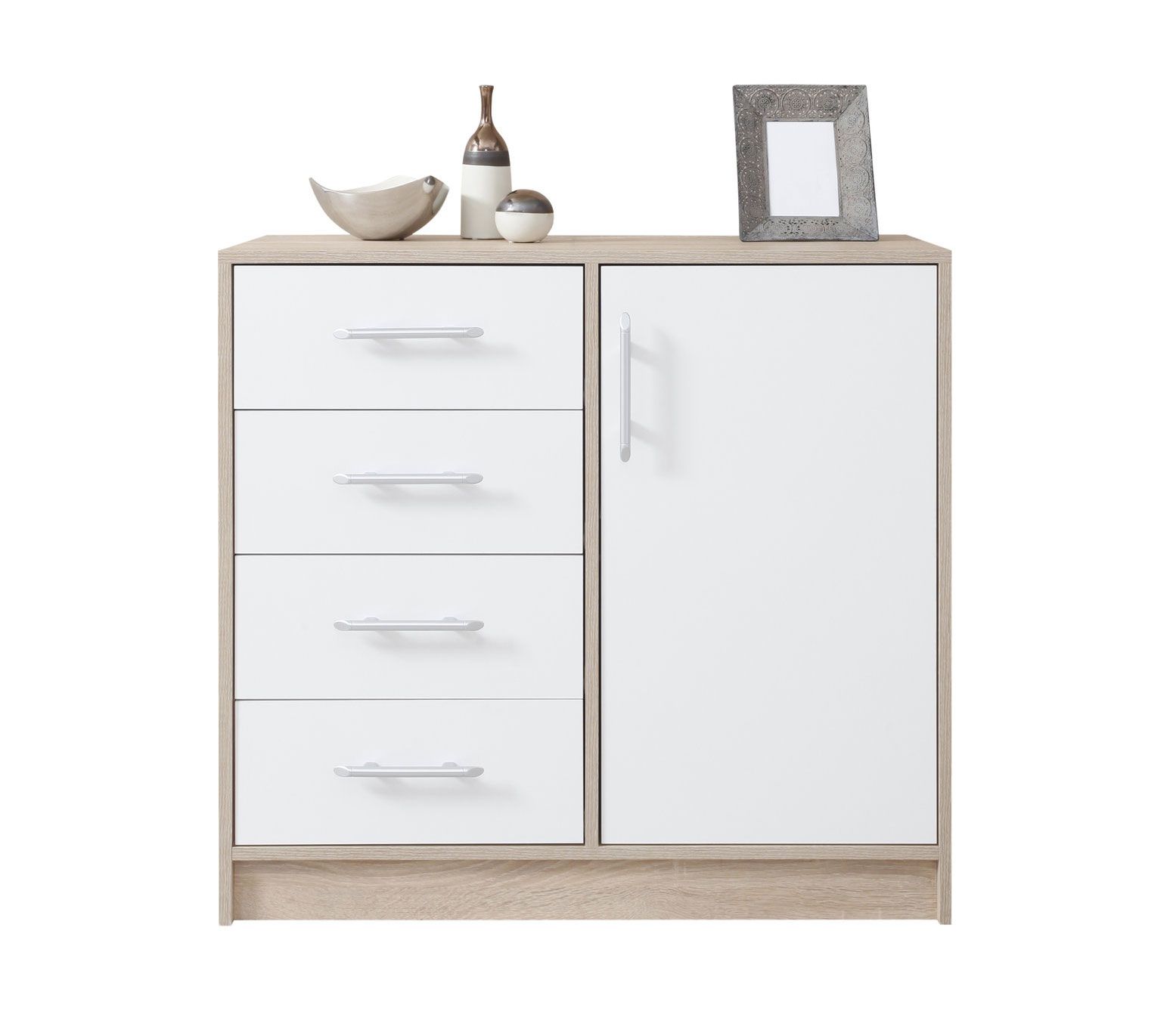 Narrow chest of drawers Hannut 15, color: white / oak - Dimensions: 84 x 90 x 40 cm (H x W x D)