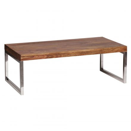 Handmade coffee table made of Sheesham solid wood Apolo 181, color: Sheesham / Chrome - Dimensions: 40 x 60 x 120 cm (H x W x D)