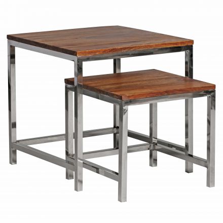 Handmade side table set of 2 made of Sheesham solid wood Apolo 182, color: Sheesham / Chrome - Dimensions: 45 x 45 x 45 cm (H x W x D)