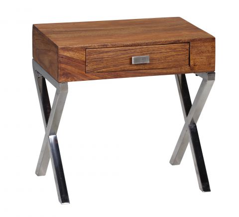 Elegant bedside table made of Sheesham solid wood, color: Sheesham / Chrome - Dimensions: 50 x 45 x 45 cm (H x W x D), each piece of furniture is unique